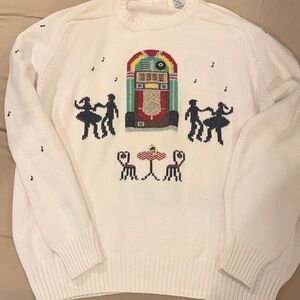 Retro White Crewneck Sweater with Jukebox Design